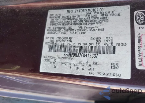 2012 Ford Fusion Se из США, поврежденный, VIN 3FAHP0HA7CR415337